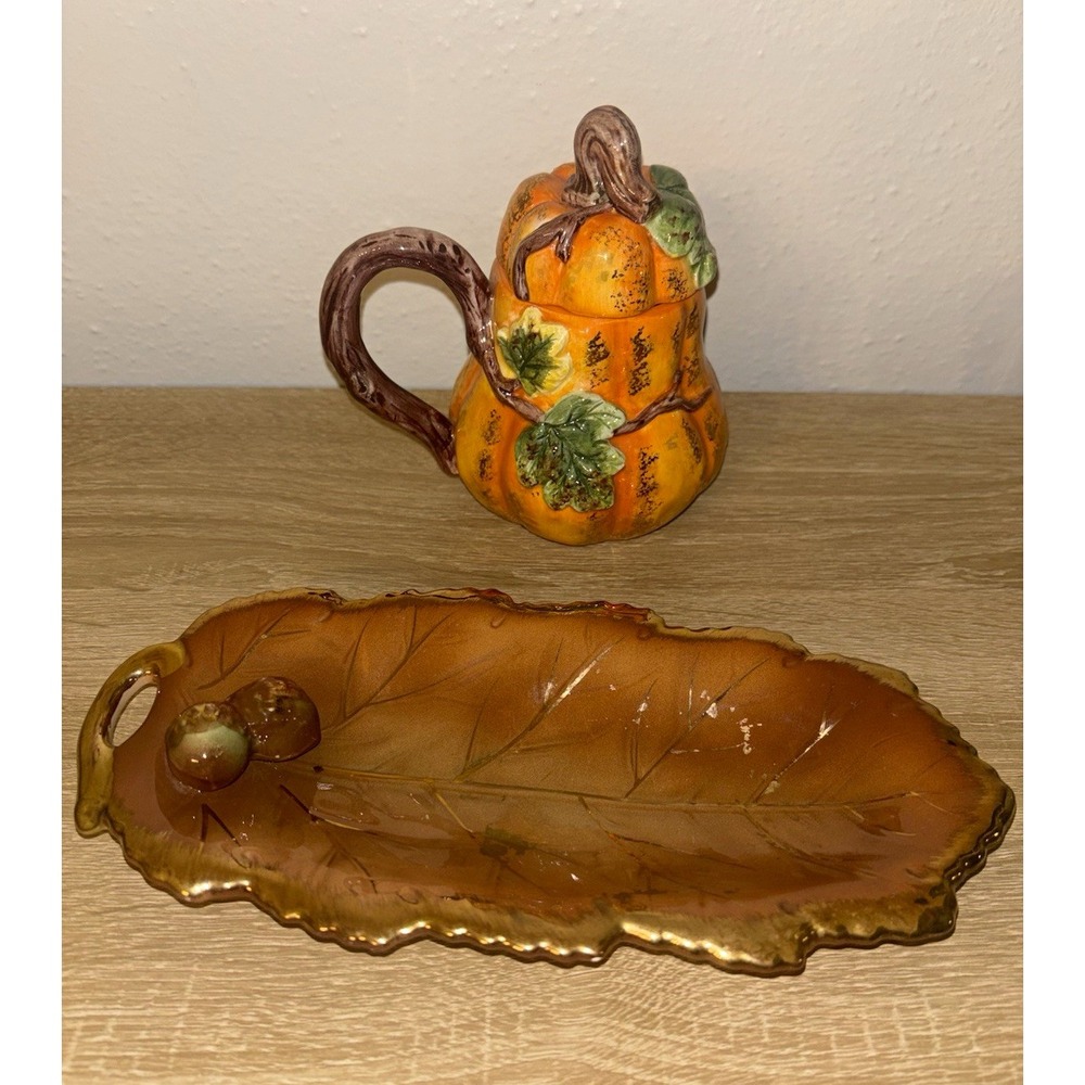 Vintage Fall Harvest Ceramic Set Pumpkin Lidded Jar & Gold Acorn Leaf Tray Lot